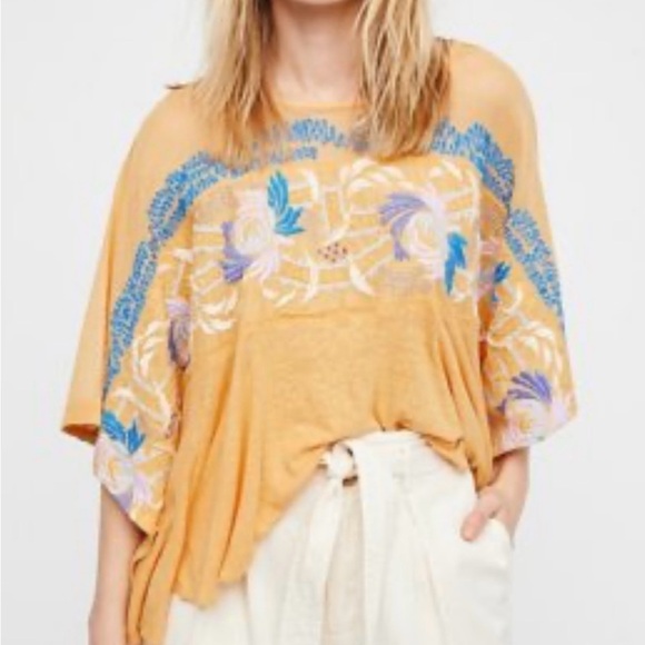 Free People Love Letter Embroidered Linen Blend Poncho Top Tangerine Sz L $128 - Picture 5 of 12